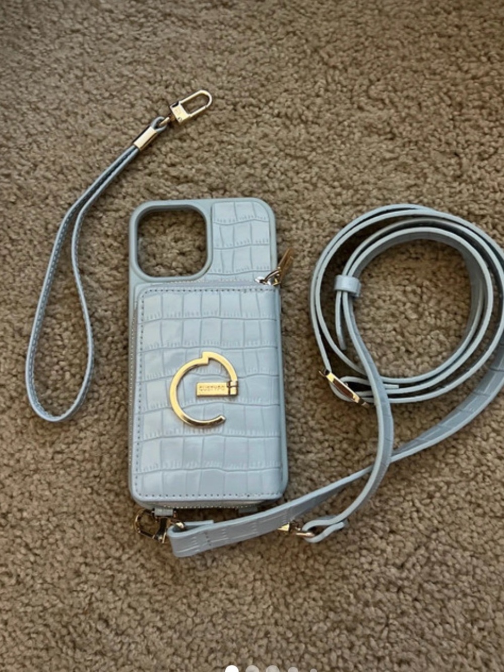 Light Blue Croc-Embossed Leather Phone Crossbody Case